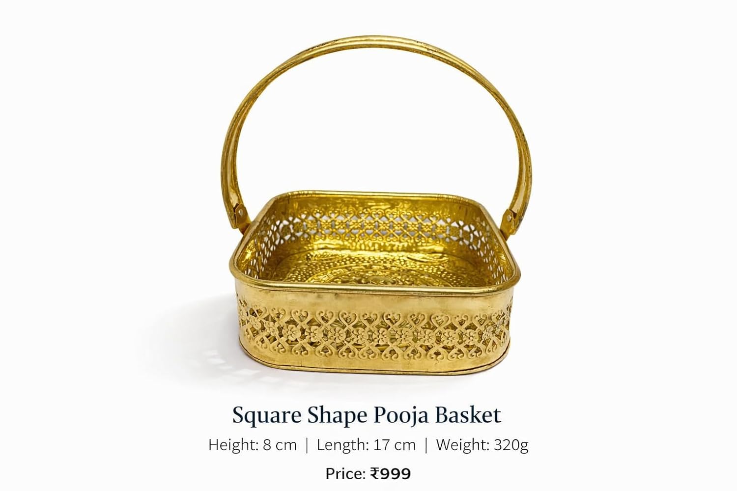 PeetalKraft Brass Square Pooja Basket with Handle | Decorative Puja Daliya for Mandir, Wedding, Festive Use | Durable & Traditional Design (8 cm Height, Multiple Sizes) (medium)