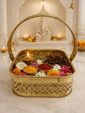 PeetalKraft Brass Square Pooja Basket with Handle | Decorative Puja Daliya for Mandir, Wedding, Festive Use | Durable & Traditional Design (8 cm Height, Multiple Sizes) (small)