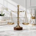 PeetalKraft Brass Balance Scale with Wooden Base, Polished Gold Finish, 29 cm, 600g, Decorative Justice Symbol for Office Desk