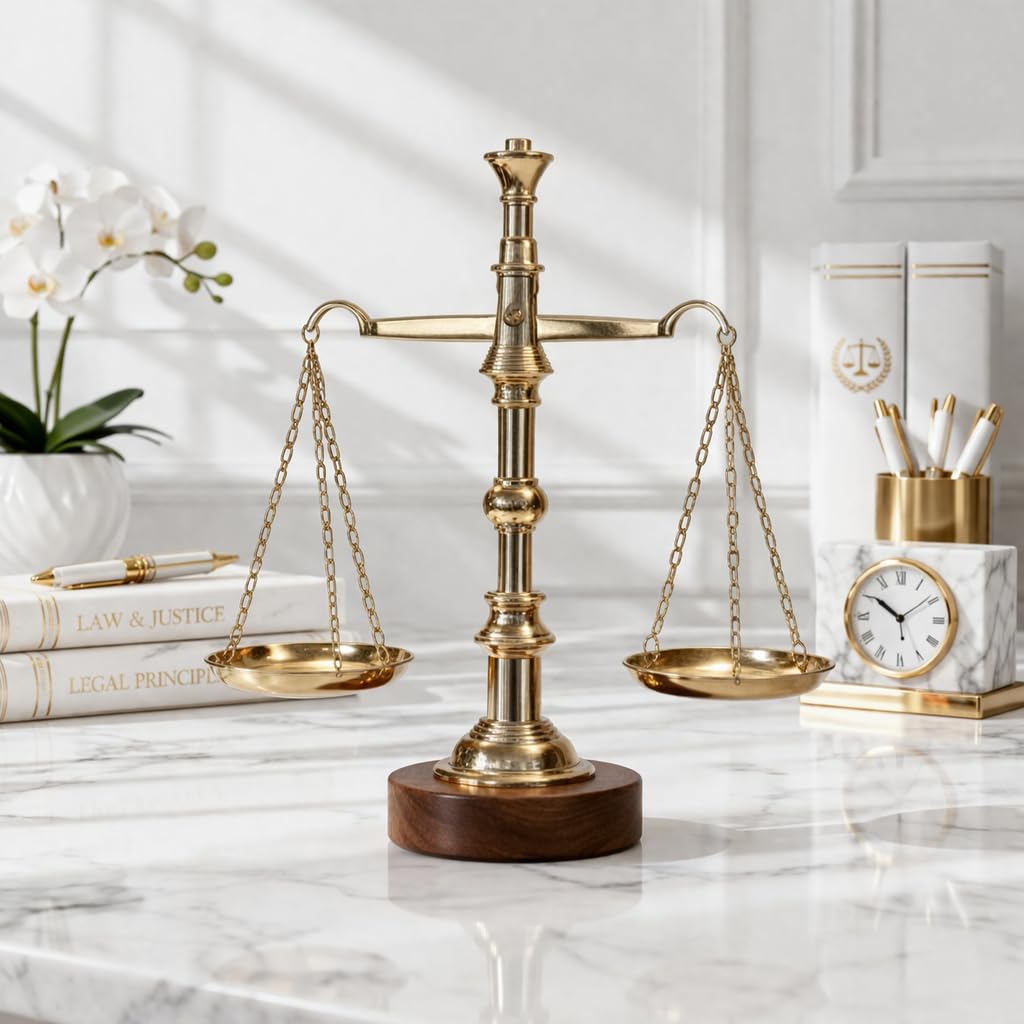 PeetalKraft Brass Balance Scale with Wooden Base, Polished Gold Finish, 29 cm, 600g, Decorative Justice Symbol for Office Desk
