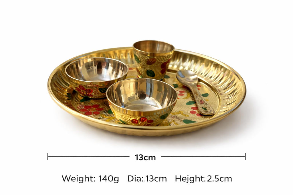 PeetalKraft Pure Brass Mini Bhog Thali Set for Laddu Gopal Ji, with 2 Katori & 1 Spoon,1 Glass With Decorative Prasad Plate, 13 cm 140g