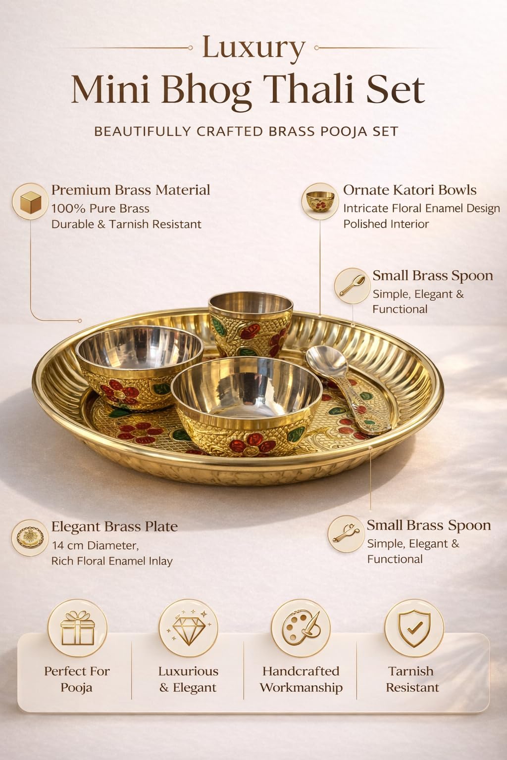 PeetalKraft Pure Brass Mini Bhog Thali Set for Laddu Gopal Ji, with 2 Katori & 1 Spoon,1 Glass With Decorative Prasad Plate, 13 cm 140g