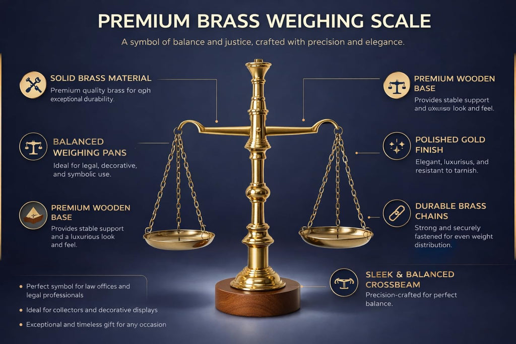 PeetalKraft Brass Balance Scale with Wooden Base, Polished Gold Finish, 29 cm, 600g, Decorative Justice Symbol for Office Desk