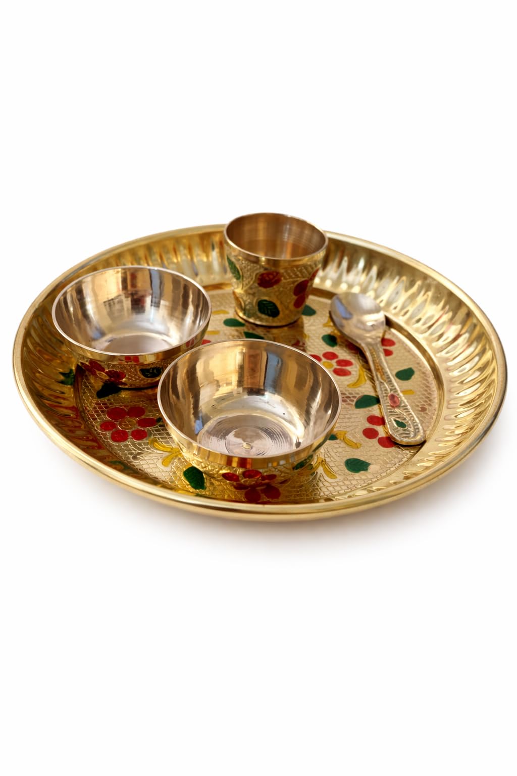 PeetalKraft Pure Brass Mini Bhog Thali Set for Laddu Gopal Ji, with 2 Katori & 1 Spoon,1 Glass With Decorative Prasad Plate, 13 cm 140g