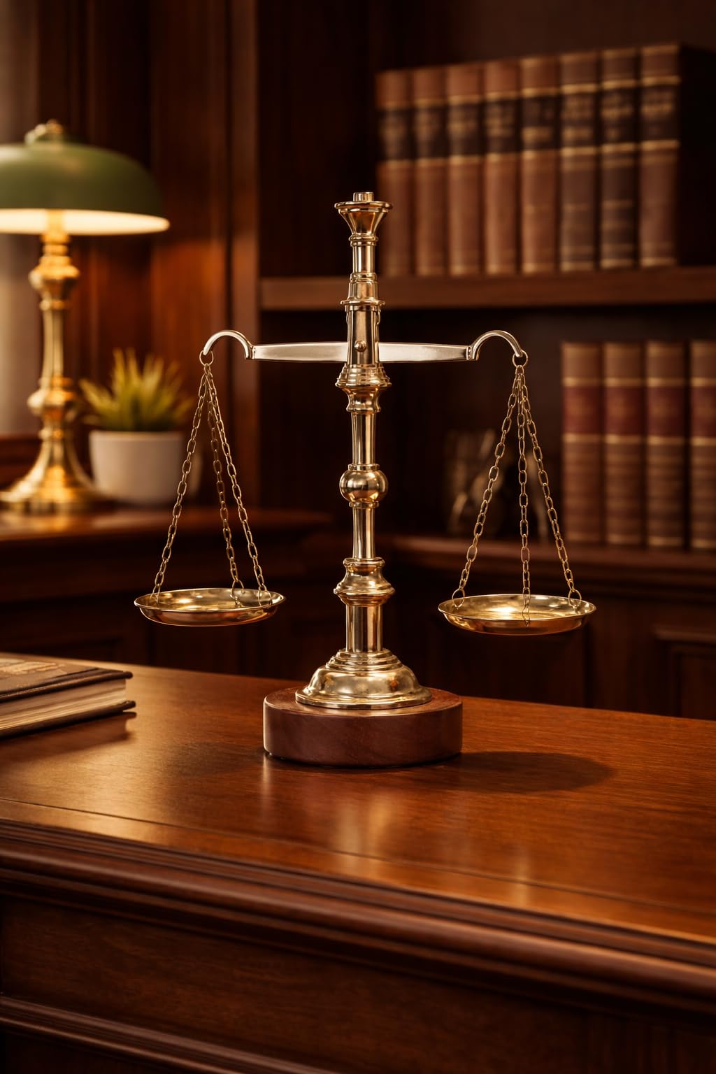 PeetalKraft Brass Balance Scale with Wooden Base, Polished Gold Finish, 29 cm, 600g, Decorative Justice Symbol for Office Desk