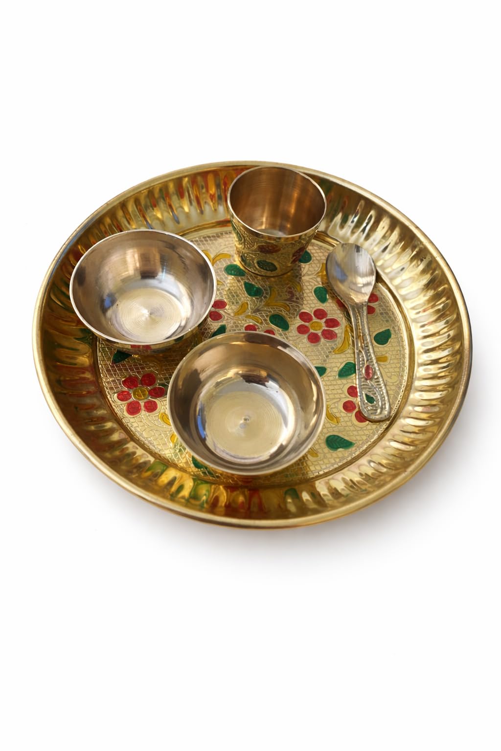 PeetalKraft Pure Brass Mini Bhog Thali Set for Laddu Gopal Ji, with 2 Katori & 1 Spoon,1 Glass With Decorative Prasad Plate, 13 cm 140g