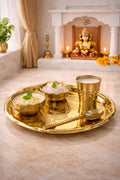 PeetalKraft Pure Brass Mini Bhog Thali Set for Laddu Gopal Ji, with 2 Katori & 1 Spoon,1 Glass with Decorative Prasad Plate, 13 cm 130g