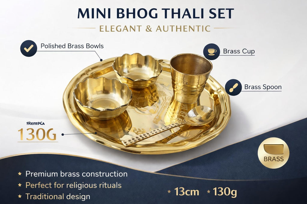 PeetalKraft Pure Brass Mini Bhog Thali Set for Laddu Gopal Ji, with 2 Katori & 1 Spoon,1 Glass with Decorative Prasad Plate, 13 cm 130g