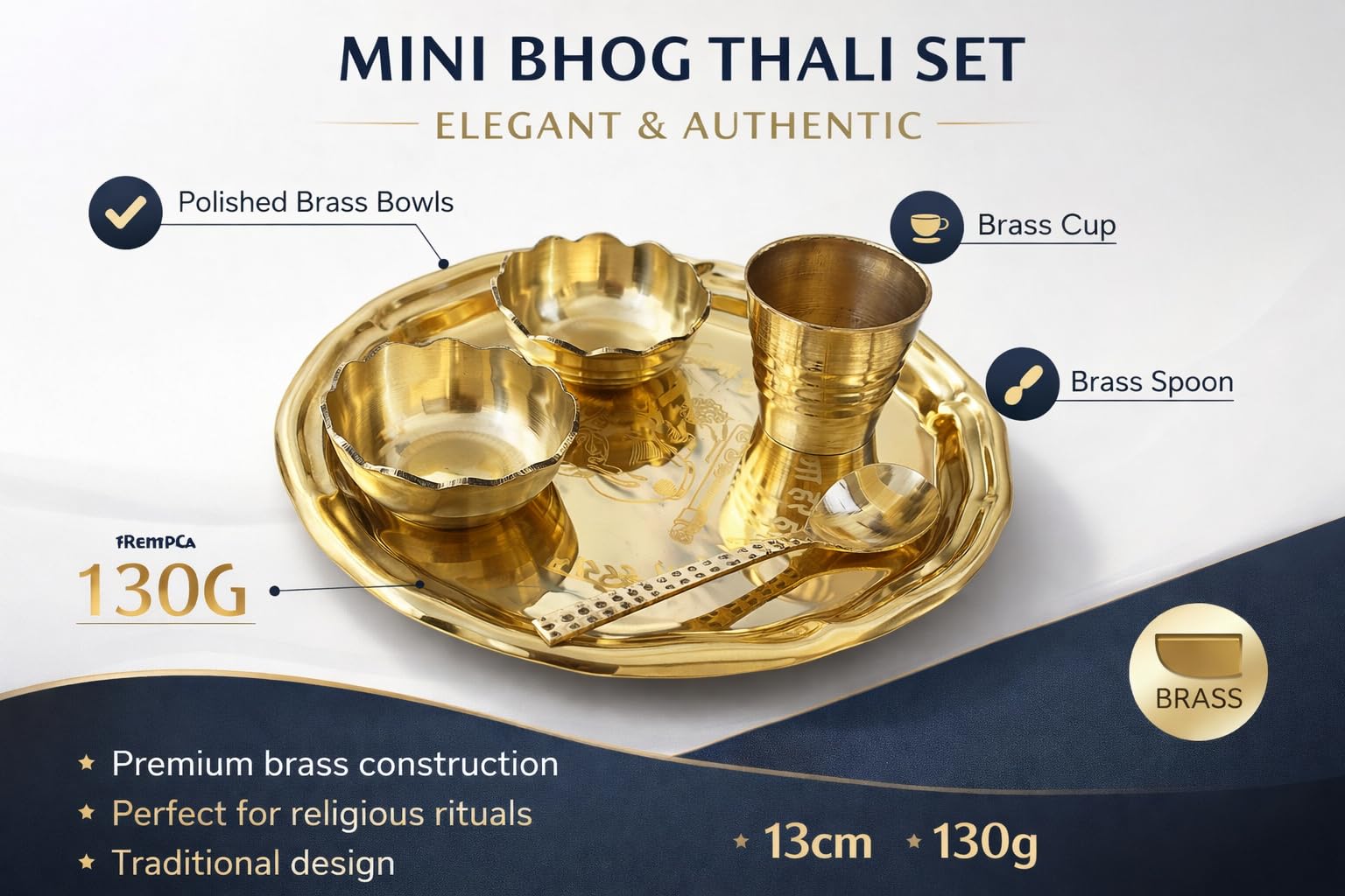 PeetalKraft Pure Brass Mini Bhog Thali Set for Laddu Gopal Ji, with 2 Katori & 1 Spoon,1 Glass with Decorative Prasad Plate, 13 cm 130g