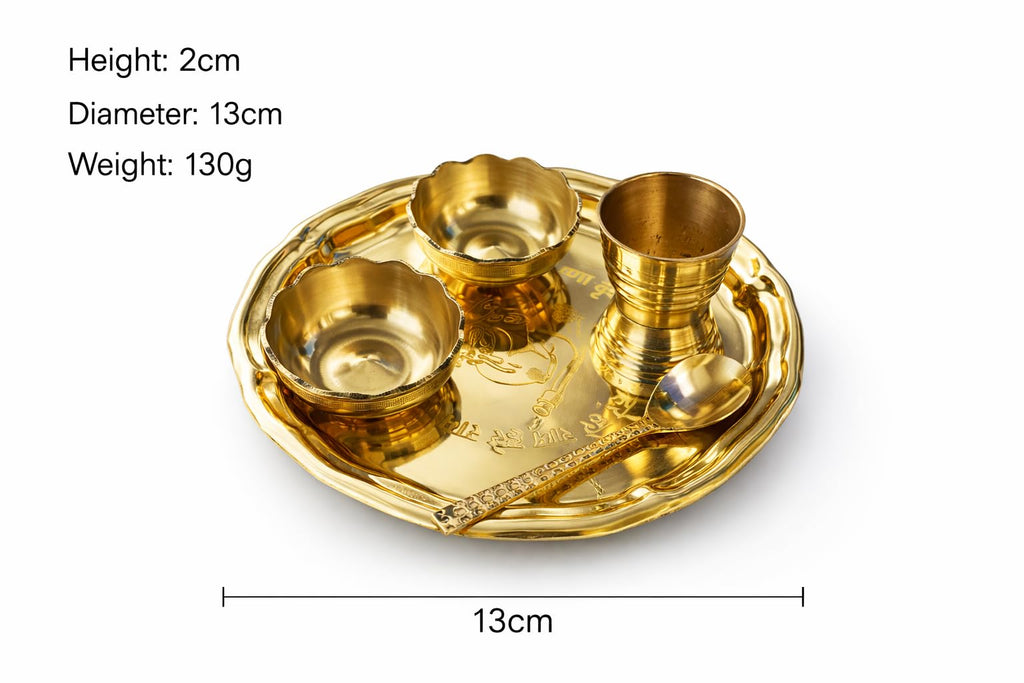 PeetalKraft Pure Brass Mini Bhog Thali Set for Laddu Gopal Ji, with 2 Katori & 1 Spoon,1 Glass with Decorative Prasad Plate, 13 cm 130g