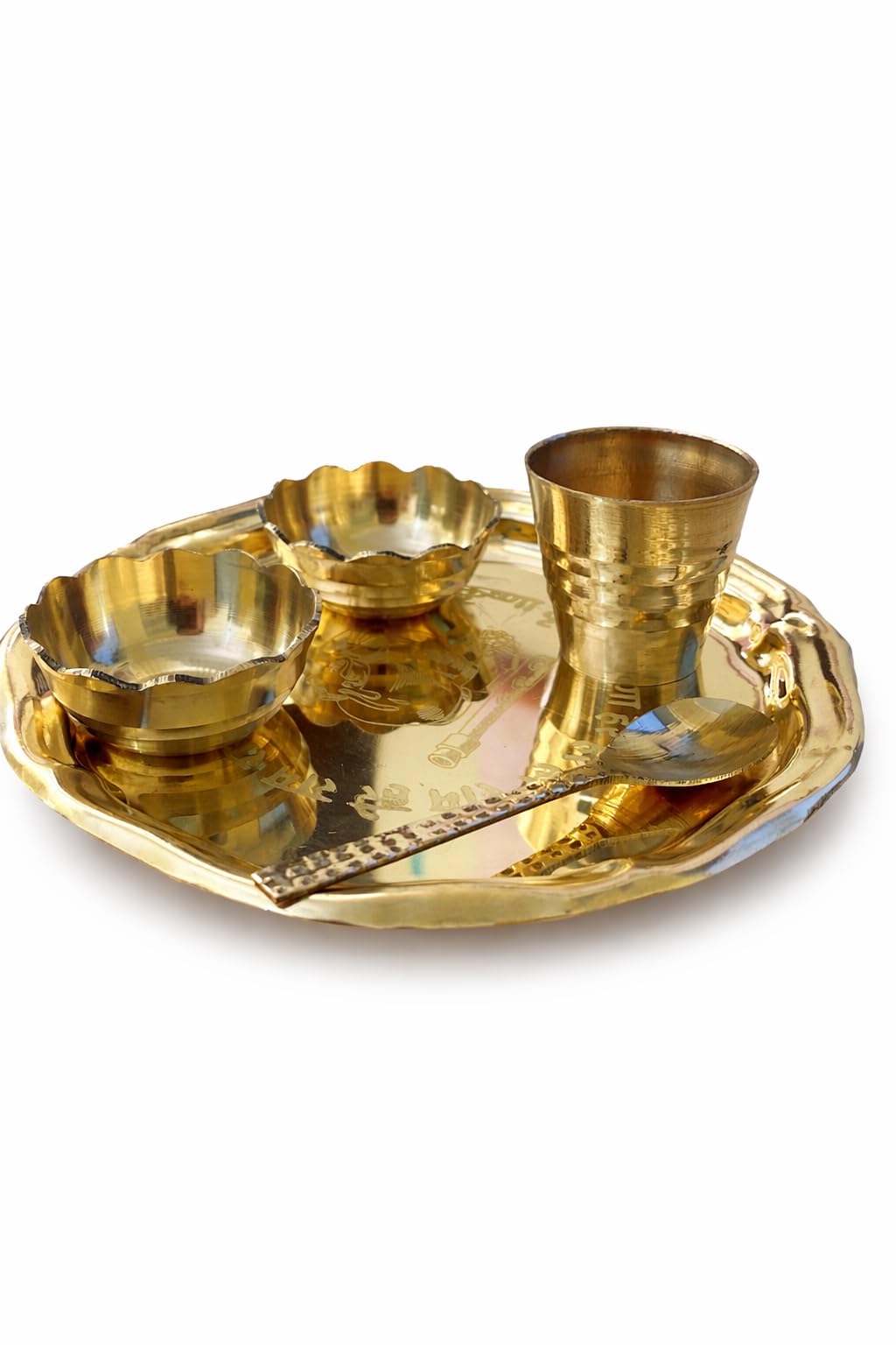 PeetalKraft Pure Brass Mini Bhog Thali Set for Laddu Gopal Ji, with 2 Katori & 1 Spoon,1 Glass with Decorative Prasad Plate, 13 cm 130g