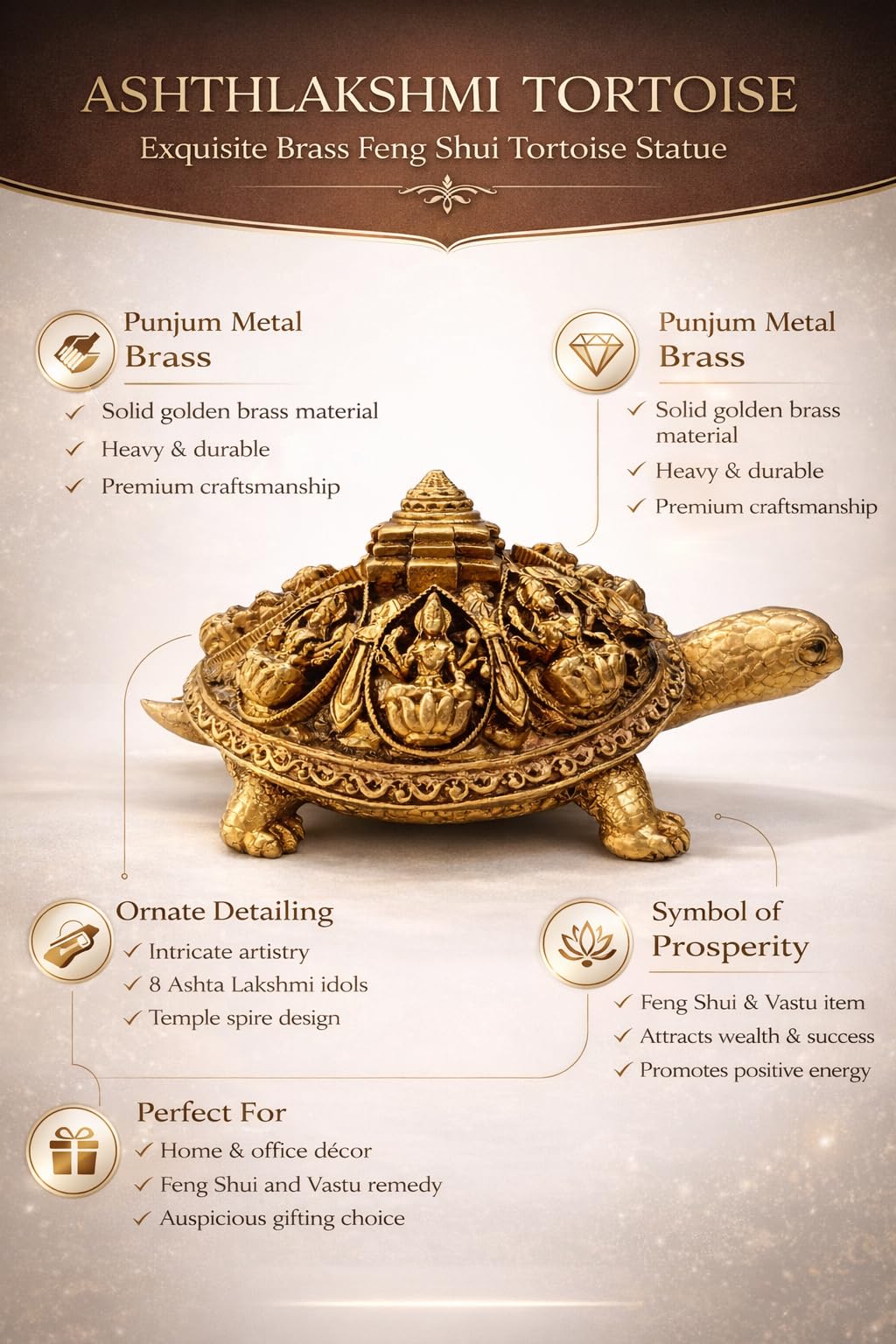 PeetalKraft Brass Finecrafted Asht Lakshmi Tortoise for Vastu & Feng Shui | Wealth, Prosperity & Good Luck Idol | Decorative Pooja Item for Home & Office | 10 cm | 125g