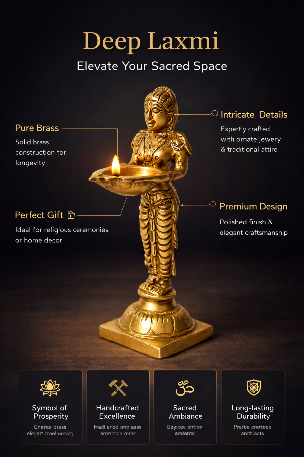 PeetalKraft Brass Standing Lady With Diya Deep Laxmi For Entrance Size 15X7X7 Cm Weight 365 Grams
