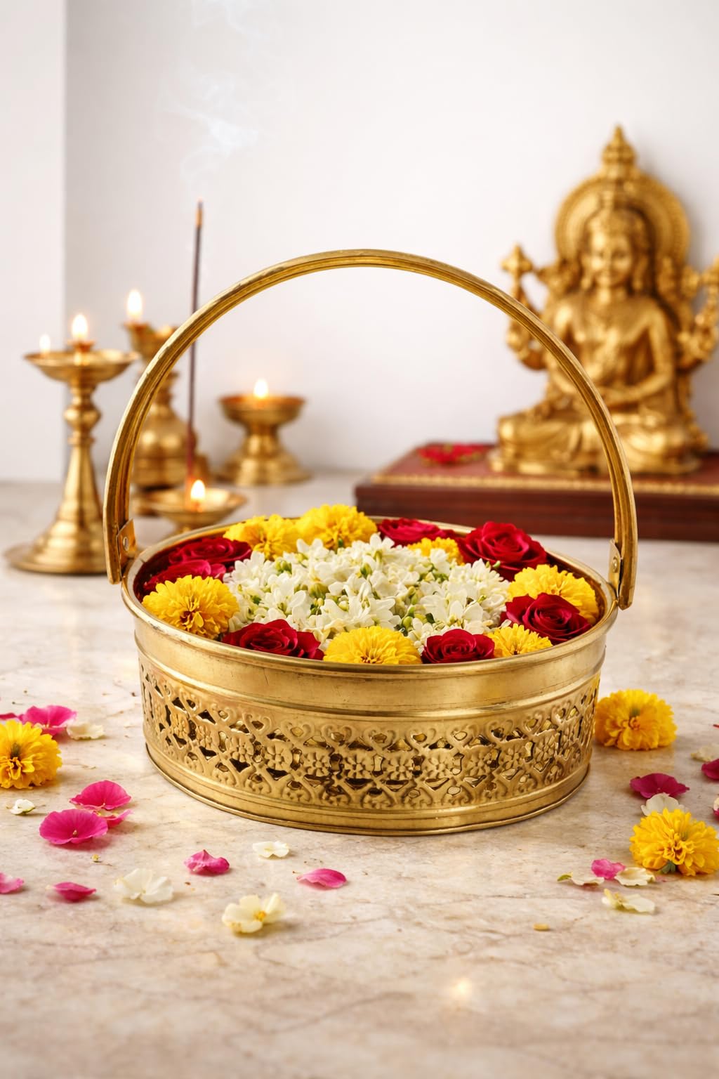 PeetalKraft Premium Brass Oval Pooja Basket with Handle & Om Design | Decorative Pooja Thali Basket for Mandir, Diwali, Gifting | Heavy Duty Brass Daliya (8 cm Height) (small)