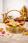 PeetalKraft Premium Brass Oval Pooja Basket with Handle & Om Design | Decorative Pooja Thali Basket for Mandir, Diwali, Gifting | Heavy Duty Brass Daliya (8 cm Height) (small)