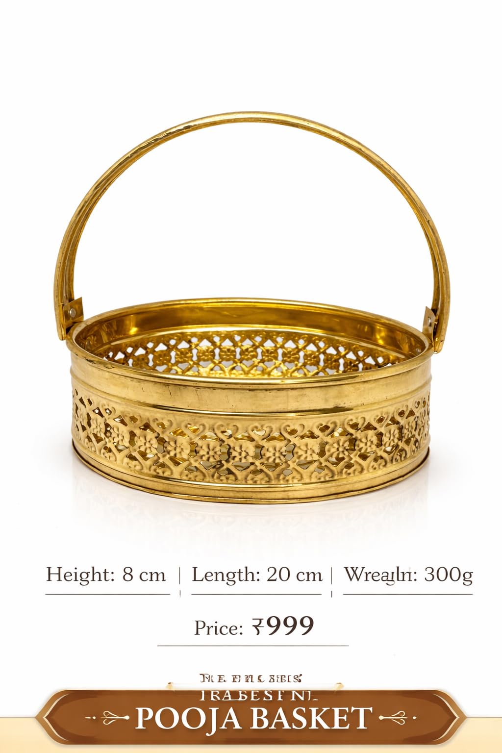 PeetalKraft Premium Brass Oval Pooja Basket with Handle & Om Design | Decorative Pooja Thali Basket for Mandir, Diwali, Gifting | Heavy Duty Brass Daliya (8 cm Height) (small)