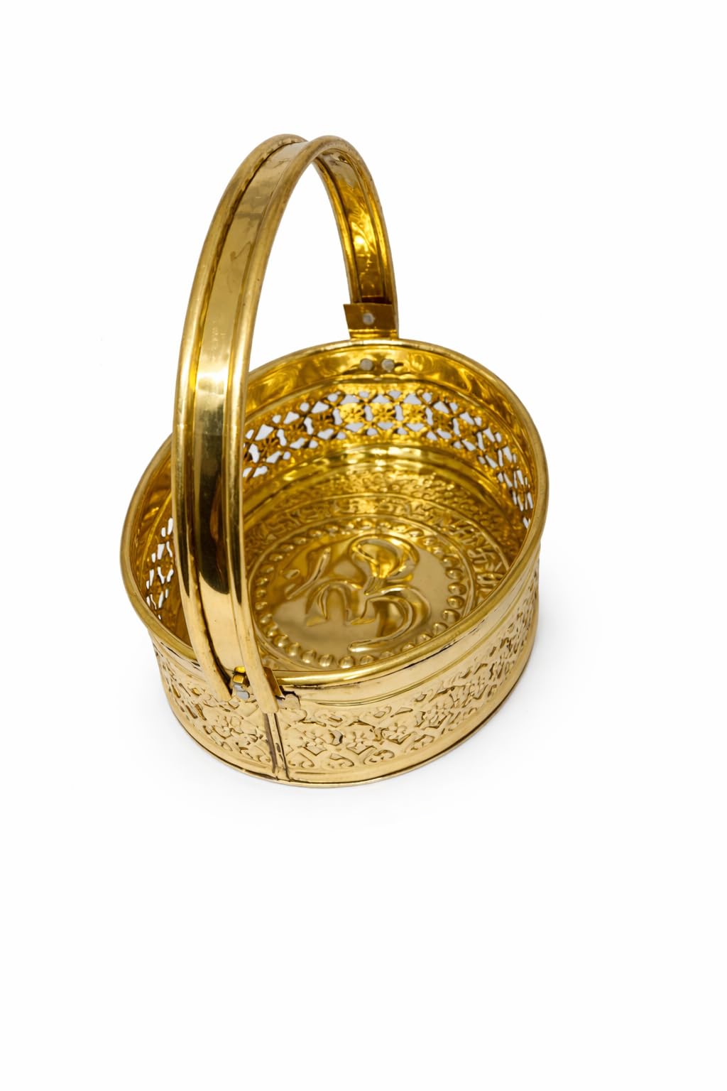 PeetalKraft Premium Brass Oval Pooja Basket with Handle & Om Design | Decorative Pooja Thali Basket for Mandir, Diwali, Gifting | Heavy Duty Brass Daliya (8 cm Height) (small)
