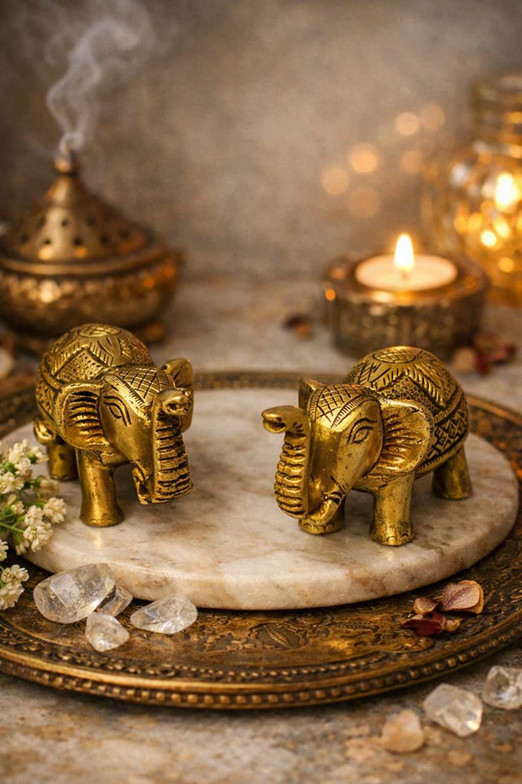 PeetalKraft Golden Brass Elephant Pair Showpiece Set for Luxury Decor, Size 10x4x6 cm, Weight 900 Grams