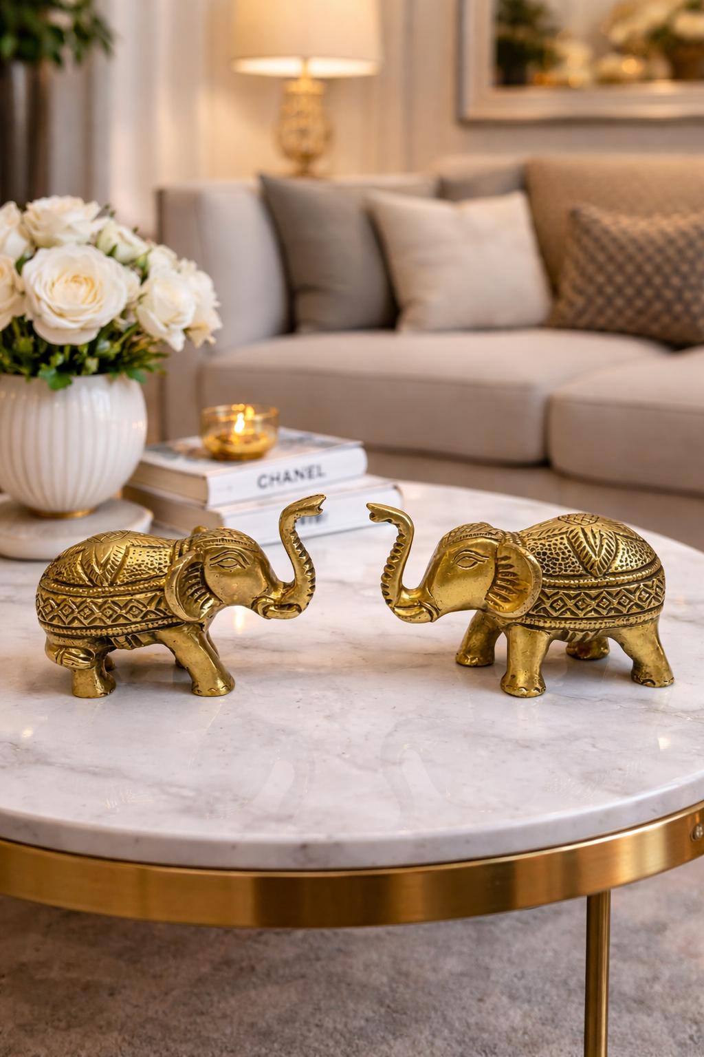 PeetalKraft Golden Brass Elephant Pair Showpiece Set for Luxury Decor, Size 10x4x6 cm, Weight 900 Grams