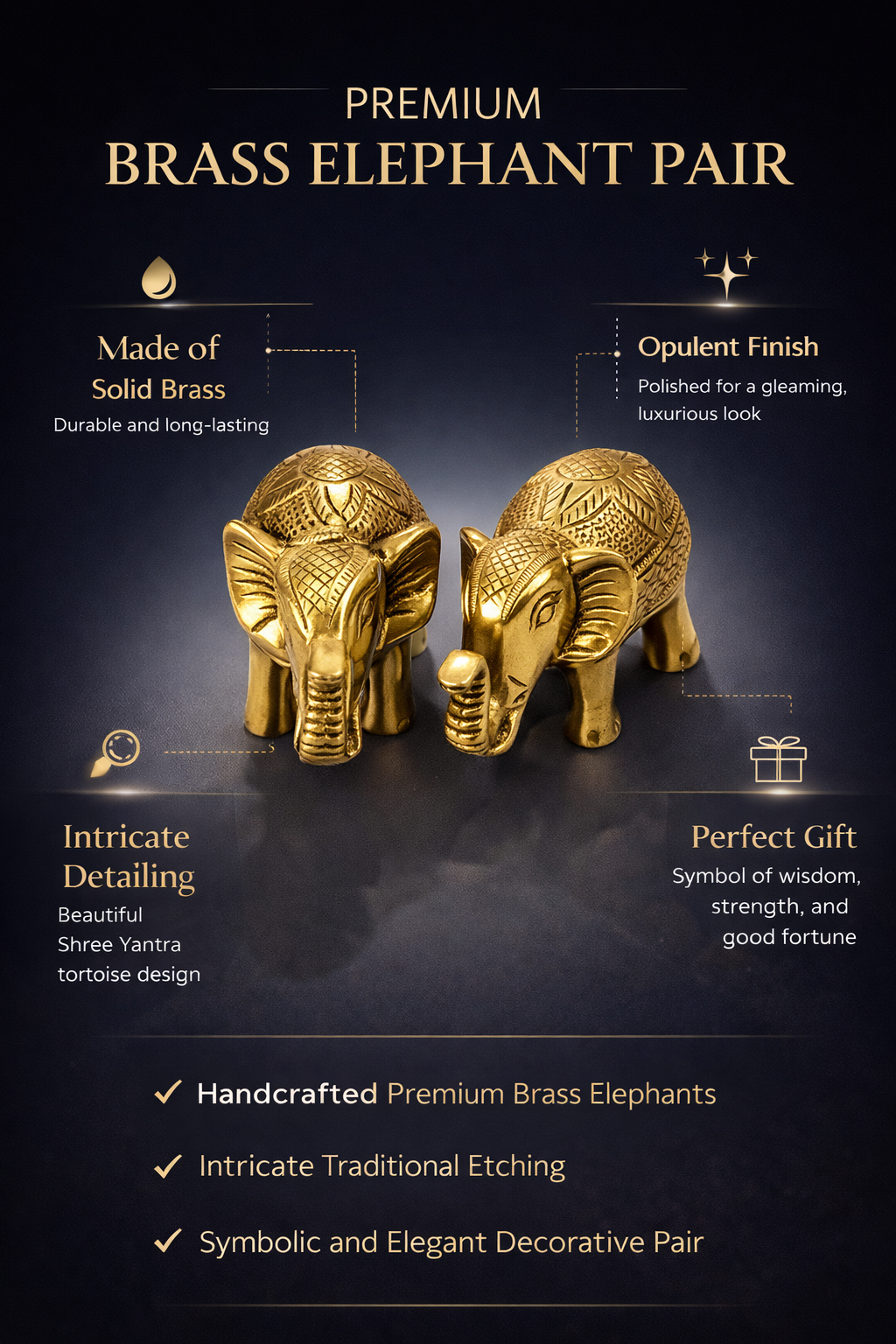 PeetalKraft Golden Brass Elephant Pair Showpiece Set for Luxury Decor, Size 10x4x6 cm, Weight 900 Grams