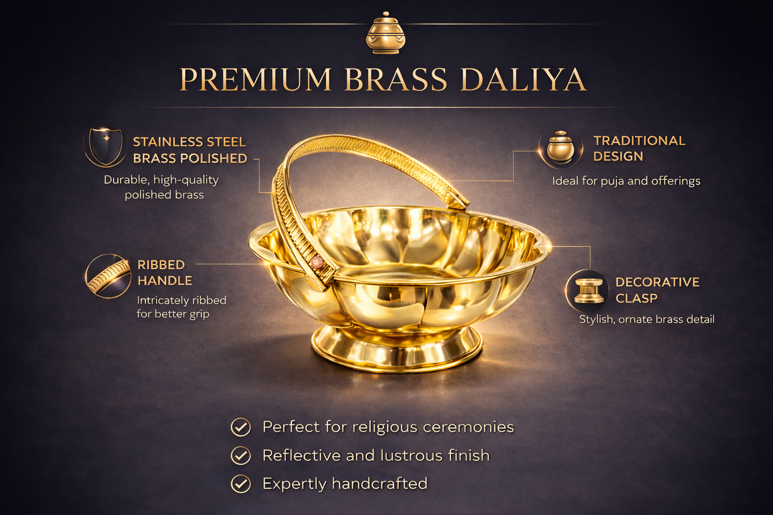 PeetalKraft Golden Traditional Handcrafted Brass Flower Basket for Pooja, Size 25x25x10 cm, Weight 340 Grams