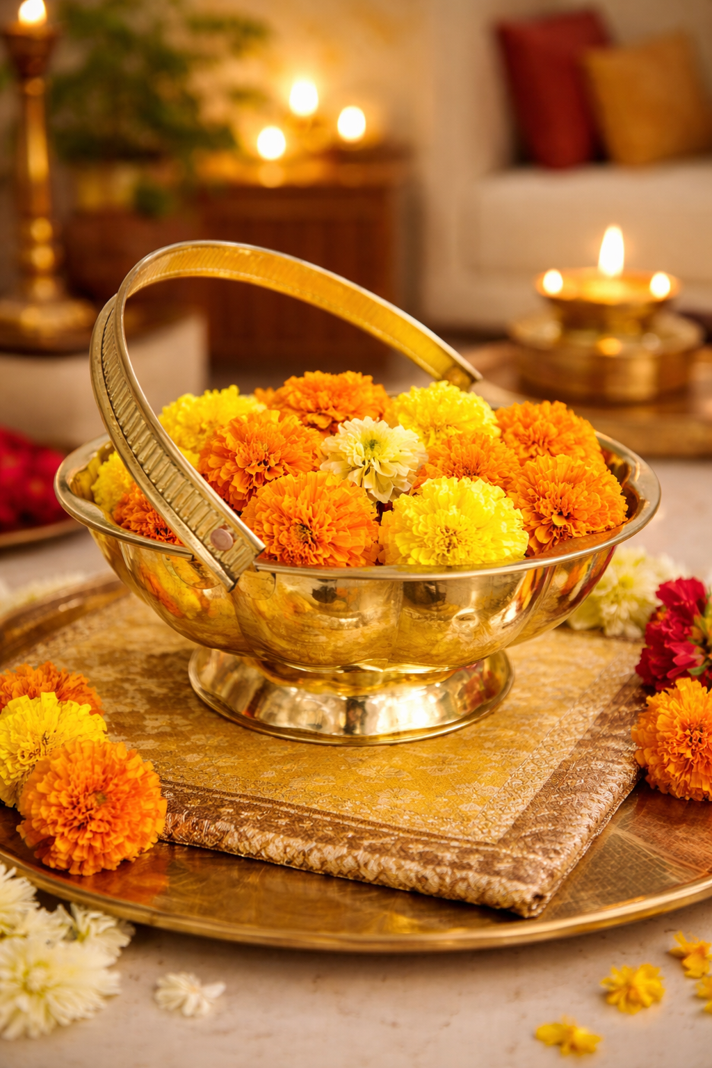 PeetalKraft Golden Traditional Handcrafted Brass Flower Basket for Pooja, Size 25x25x10 cm, Weight 340 Grams