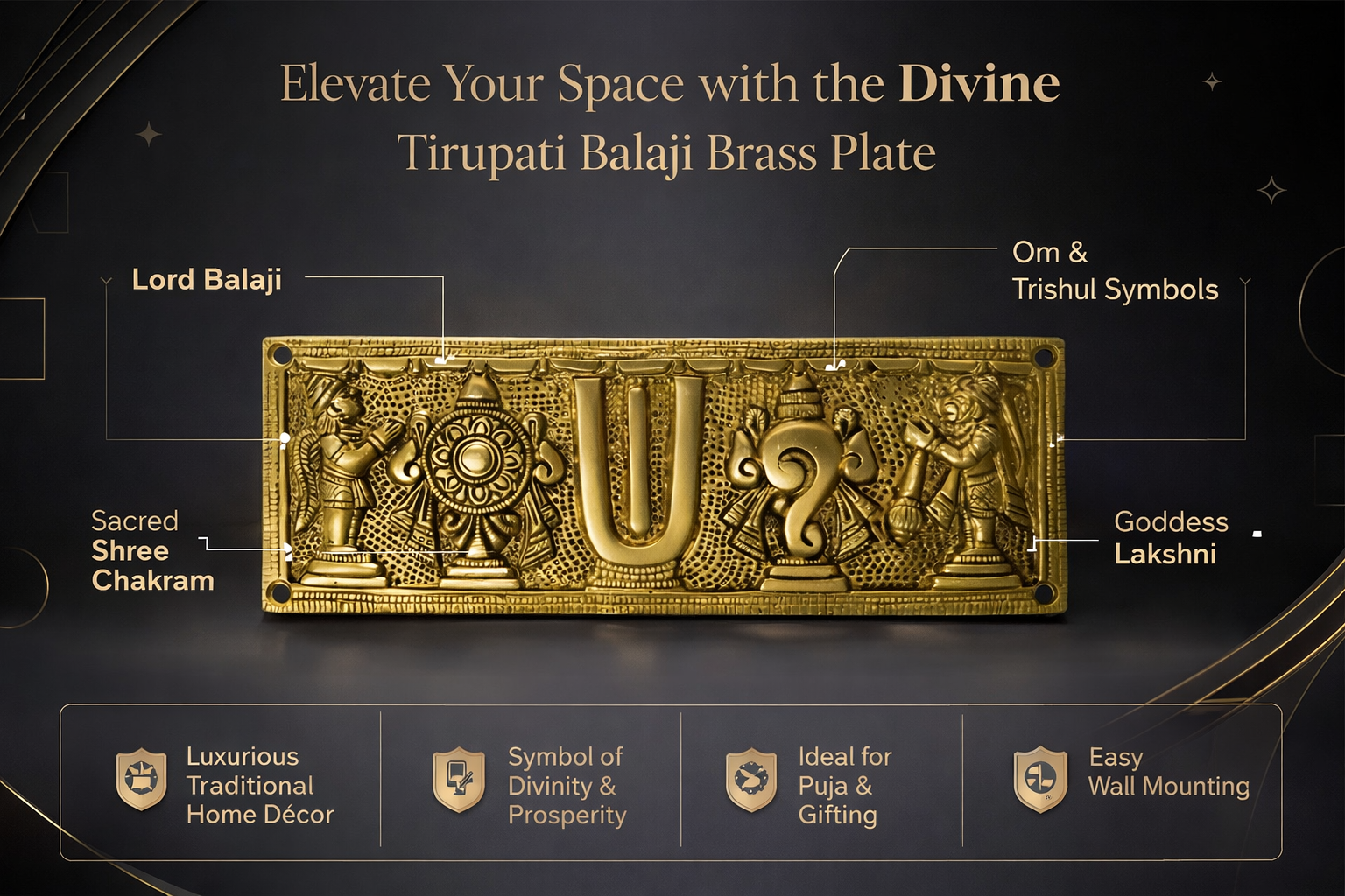 PeetalKraft Brass Tirupati Balaji Shankh Chakra Namah Wall & Door Plate Vastu Symbol, Size 20x1x8 cm, Weight 525 Grams